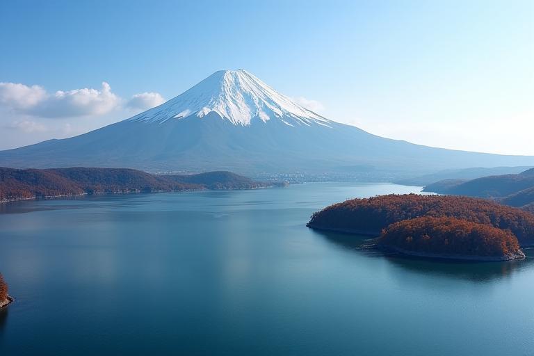 ドローンから撮影した富士山と湖