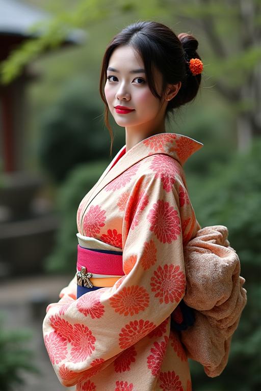 京都の庭園で着物を着た女性